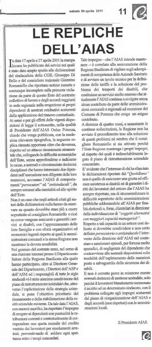 29/04/2011 Aias Comunicato Stampa - Aias Potenza  e.t.s.